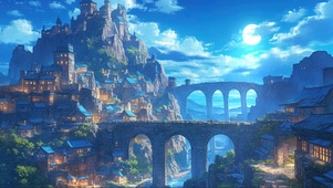 插画高山神秘小镇夜景