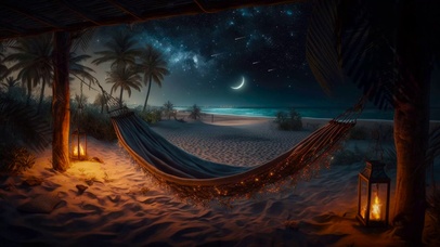 唯美夜晚沙滩海边露营