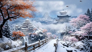 古风樱花树木河流雪景