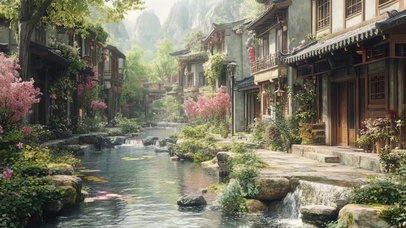 清新朦胧夏日古城溪流