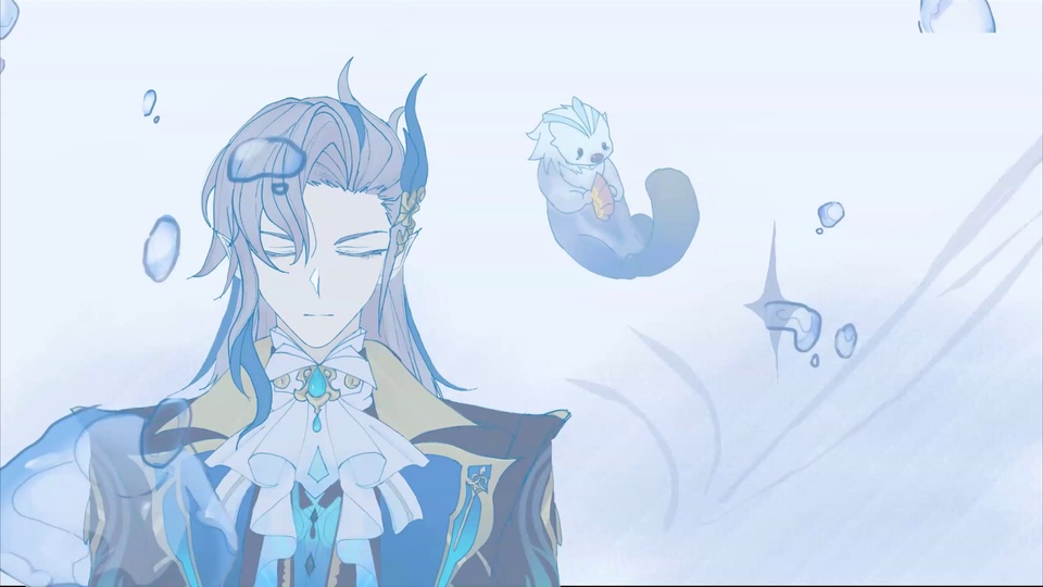 水彩淡彩手绘原神角色那维莱特，身处浅蓝调水下场景，身侧漂浮着半透明蓝色气泡与小型水獭状生物，整体配色柔和清新。