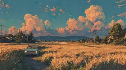 稻田落日黄昏蓝天云朵