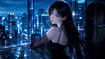 都市夜景清冷黑裙美少女
