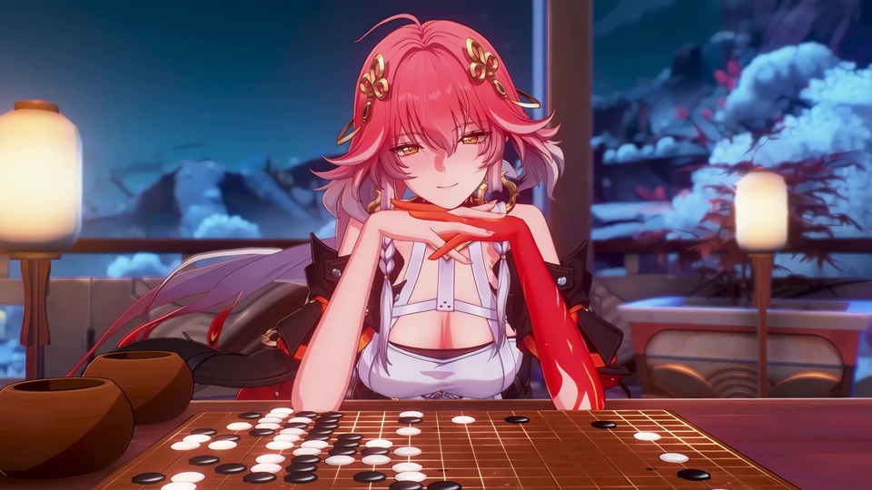 粉发白眸二次元少女手肘撑在摆放黑白棋子的围棋桌前，两侧立着暖光纸灯，背景是覆雪夜色松景