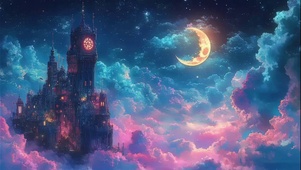 弯月云彩云雾古堡建筑