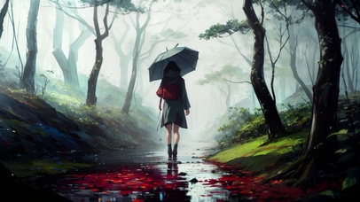 雨天独自散步树林的女生背影