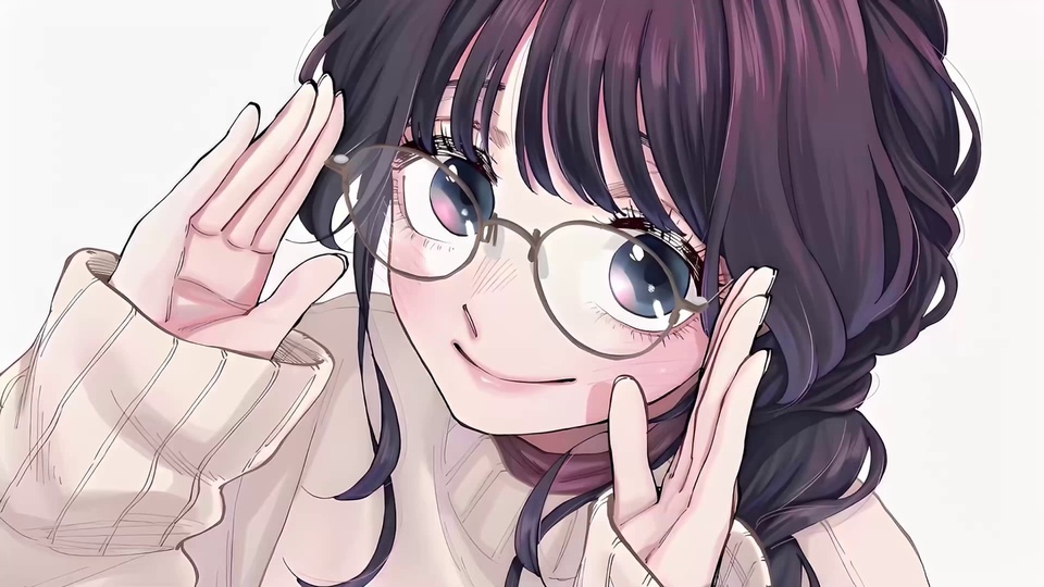 紫发戴眼镜的动漫少女双手贴在脸颊两侧比手势。