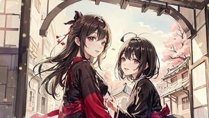 古风典雅红黑长裙两位女神