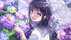 清纯雨落伞少女