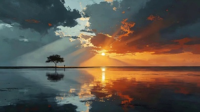 湖面火烧云