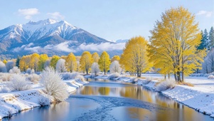 护眼冬日雪山下溪流