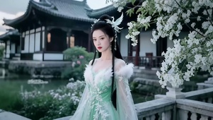 典雅古风私宅小池旁的清秀美女