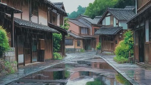 雨中静谧山林小镇街道