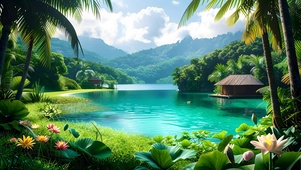 绿色清新湖边小屋