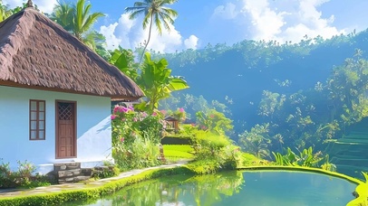 护眼白云树木河流带鱼屏