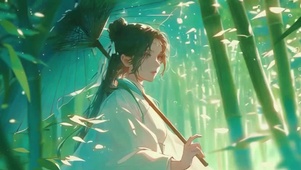 绿色系竹林伞古风美女