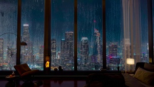 都市夜晚房间窗户雨
