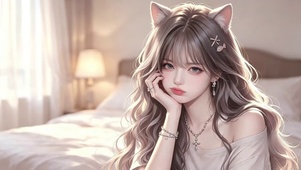 卧室可爱猫耳少女