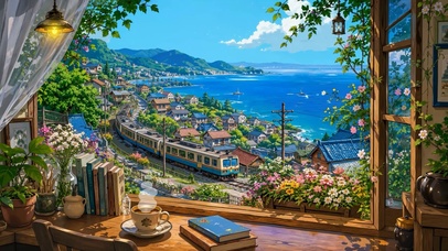 窗外海景小镇
