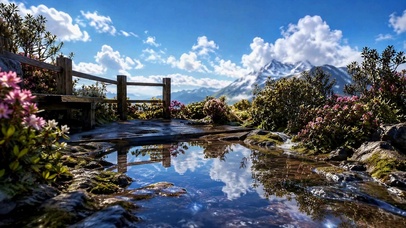 雪山下溪流观景台治愈风光