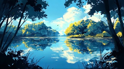 清新蓝色湖泊倒影风景