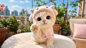 粉衣可爱萌猫天台招手