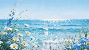 蓝色大海鲜花