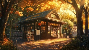 绚烂秋日落叶静谧商店