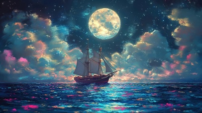 圆月星空海上彩云帆船