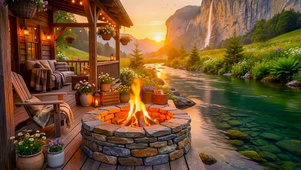 清晨高山瀑布溪流小屋