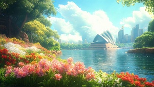阳光鲜花湖畔现代建筑