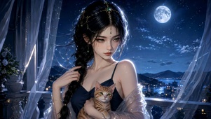月夜露台抱猫清冷女神