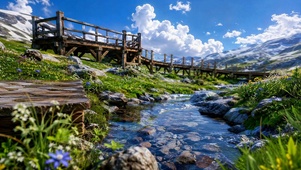 清新山间溪流木桥风景