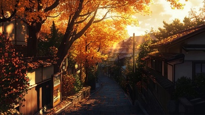 秋日黄昏落叶村庄街道