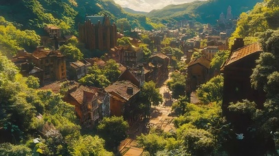 绿色森林山谷小镇村庄