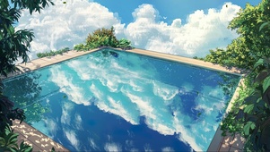 夏日蓝天白云绿色泳池