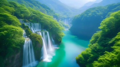 护眼绿色山水瀑布
