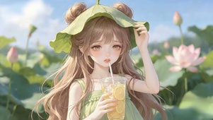 喝果汁的可爱荷叶少女
