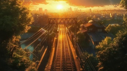 黄昏落日城市绿色铁轨