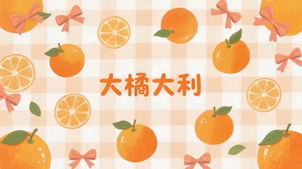 手绘橙子搭配大橘大利文字的暖橙色格纹画面