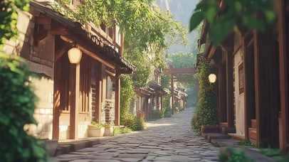 清晨阳光静谧古城街道