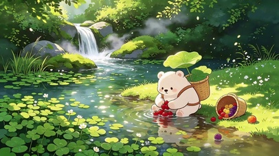 凉夏湿地洗水果的小熊