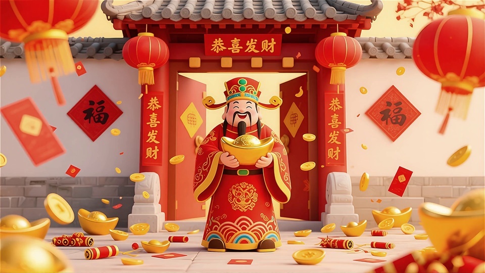 中式宅院门楼前，身着红底绣金官服、头戴嵌绿宝石官帽的Q版财神手捧大金元宝，空中散落金元宝、铜钱、红包与鞭炮，氛围喜庆招财。