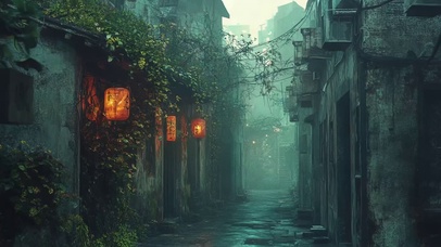 雨天静谧迷雾城市小巷