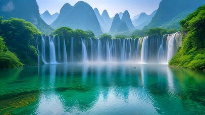 护眼绿色瀑布山水