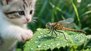 清新草丛萌猫遇蜻蜓