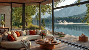 午后窗外湖山景