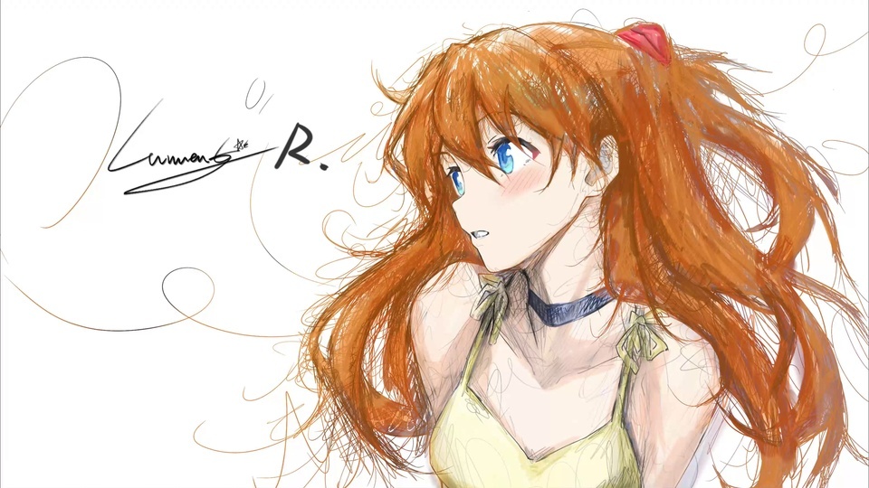 手绘风格的橙红长发少女侧颜像，背景为纯白色，带有卷曲装饰线条与手写签名。
