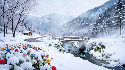 雪景房屋河流景色