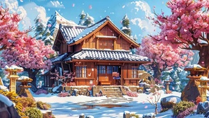 蓝天白云樱花树木雪景